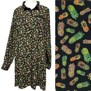 SUGAR L!PS Pineapple Print Chiffon Button Up Collared Dress Black Summer Med